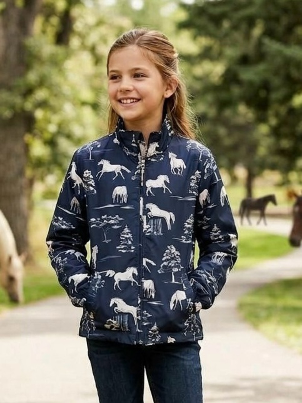 Ariat Girls Laurel Jacket Navy Blue Pasture Horse Print Zip Windbreaker Sz M